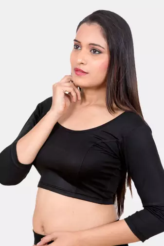 Neckbook Black 3::4 Sleeves  Lycra Princess Cut Round Neck Readymade Blouse