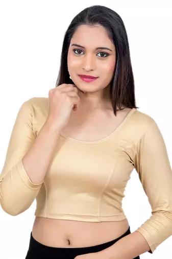 Neckbook Gold 3::4 Sleeves  Lycra Princess Cut Round Neck Readymade Blouse