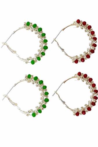  green and maroon color beaded hoop earrings set of 2