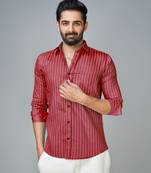 Red Woven Cotton Casual Men-Shirts