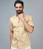Cream Printed Cotton Casual Men-Shirts