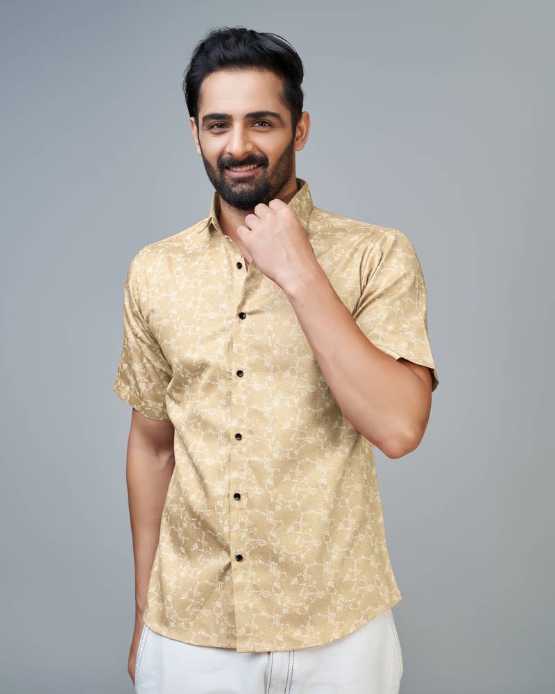 Cream Printed Cotton Casual Men-Shirts
