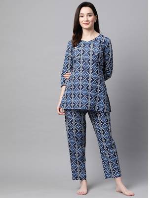 Women Cobalt Blue Ethnic Night Suit 1