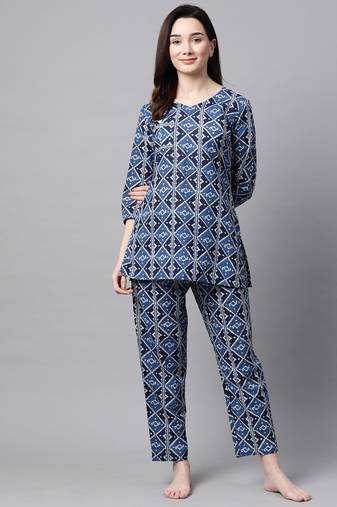 Women Cobalt Blue Ethnic Night Suit