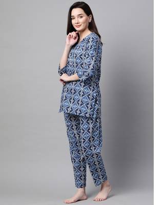 Women Cobalt Blue Ethnic Night Suit 2