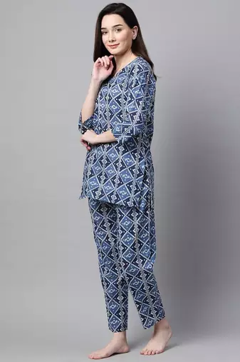 Women Cobalt Blue Ethnic Night Suit