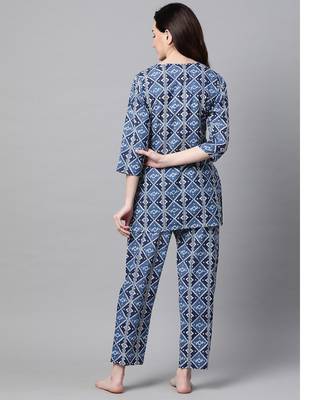 Women Cobalt Blue Ethnic Night Suit 3