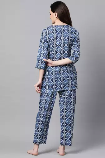 Women Cobalt Blue Ethnic Night Suit