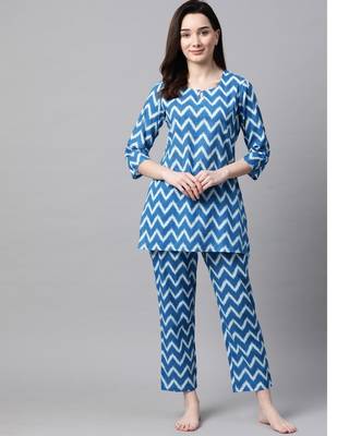Women Sky Blue Chevron Printed Night Suit 1