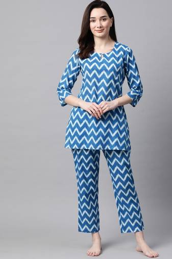 Women Sky Blue Chevron Printed Night Suit