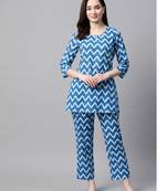 Women Sky Blue Chevron Printed Night Suit