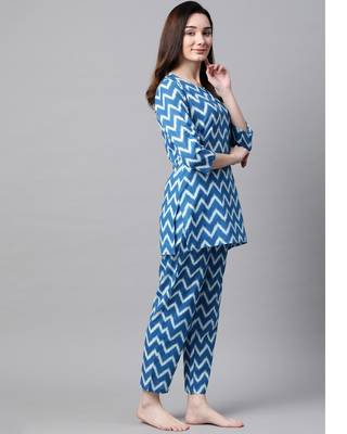 Women Sky Blue Chevron Printed Night Suit 2
