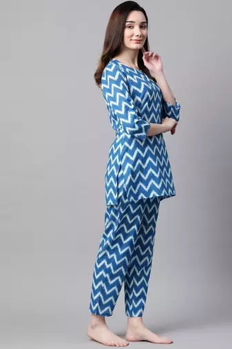 Women Sky Blue Chevron Printed Night Suit