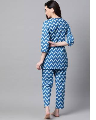 Women Sky Blue Chevron Printed Night Suit 3