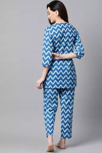 Women Sky Blue Chevron Printed Night Suit