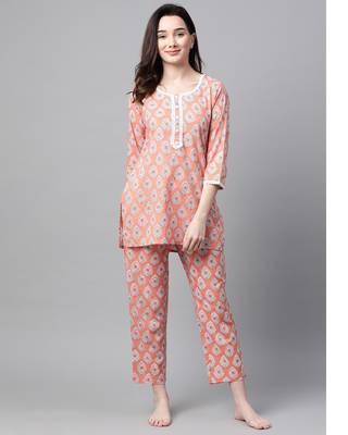 Women Peach Ethnic Night Suit 1