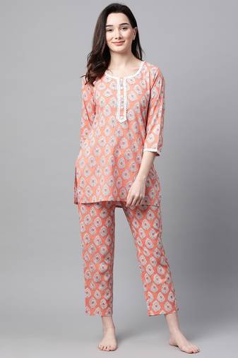 Women Peach Ethnic Night Suit