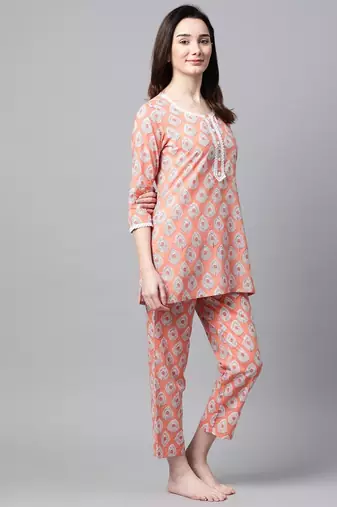 Women Peach Ethnic Night Suit
