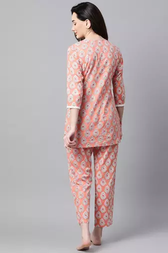 Women Peach Ethnic Night Suit