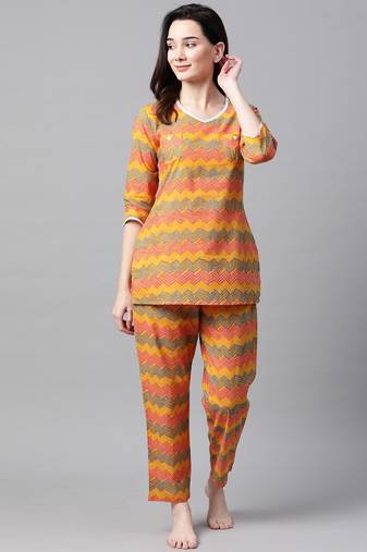 Mustard Yellow Printed Night Suit