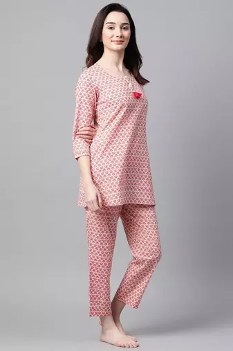 Women Floral Pink Night Suit