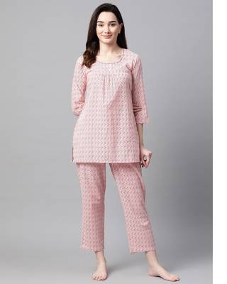 White and Peach Chevron Printed Night Suit 1