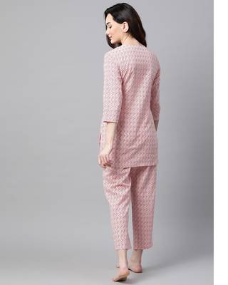 White and Peach Chevron Printed Night Suit 2