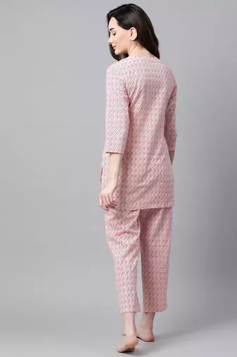 White and Peach Chevron Printed Night Suit