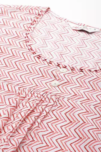 White and Peach Chevron Printed Night Suit