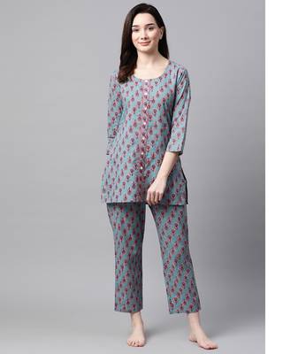 Blue Foral Printed Night Suit 1
