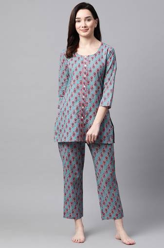 Blue Foral Printed Night Suit