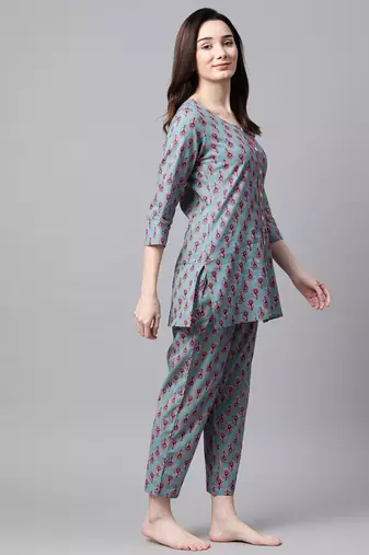 Blue Foral Printed Night Suit