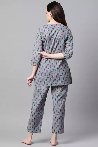 Blue Foral Printed Night Suit