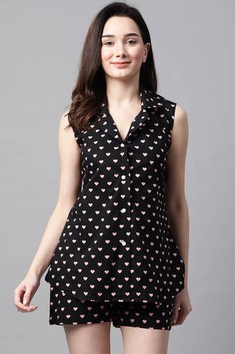 Black and Pink Heart Printed Night Suit