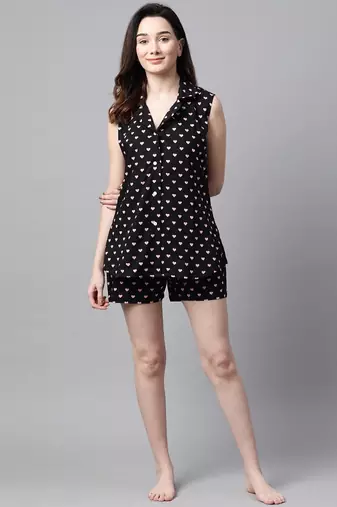 Black and Pink Heart Printed Night Suit