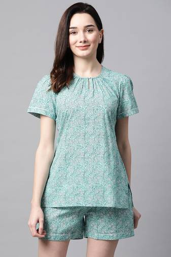 Sea Green Floral Printed Night Suit