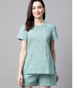 Sea Green Floral Printed Night Suit