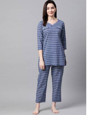 Navy Blue Checks Printed Night Suit 1