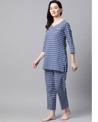 Navy Blue Checks Printed Night Suit 2