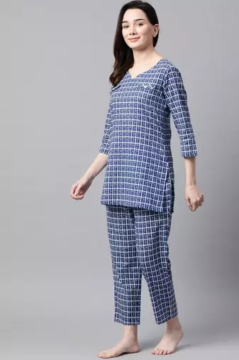 Navy Blue Checks Printed Night Suit