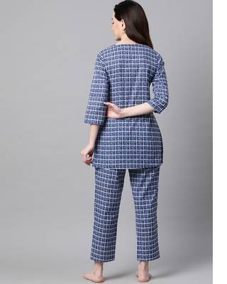 Navy Blue Checks Printed Night Suit 3