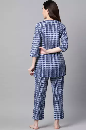 Navy Blue Checks Printed Night Suit