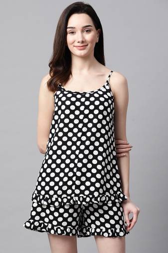 Black and White Polka Dots Printed Night Suit