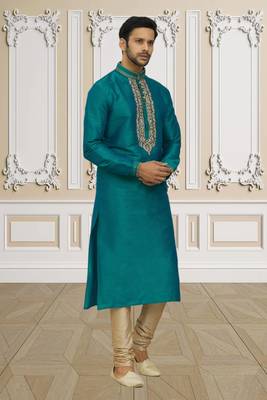 Men's green embroidered kurta pajama 3