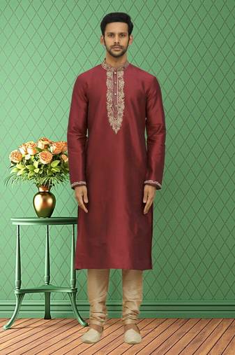 Men's maroon embroidered kurta pajama