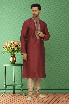 Men's maroon embroidered kurta pajama 2