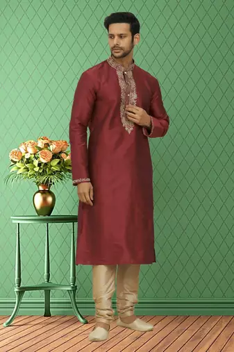 Men's maroon embroidered kurta pajama