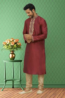 Men's maroon embroidered kurta pajama 3