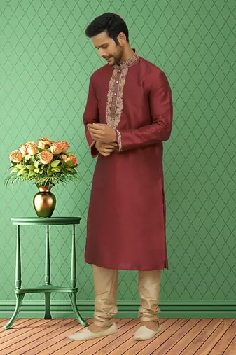 Men's maroon embroidered kurta pajama