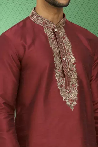 Men's maroon embroidered kurta pajama